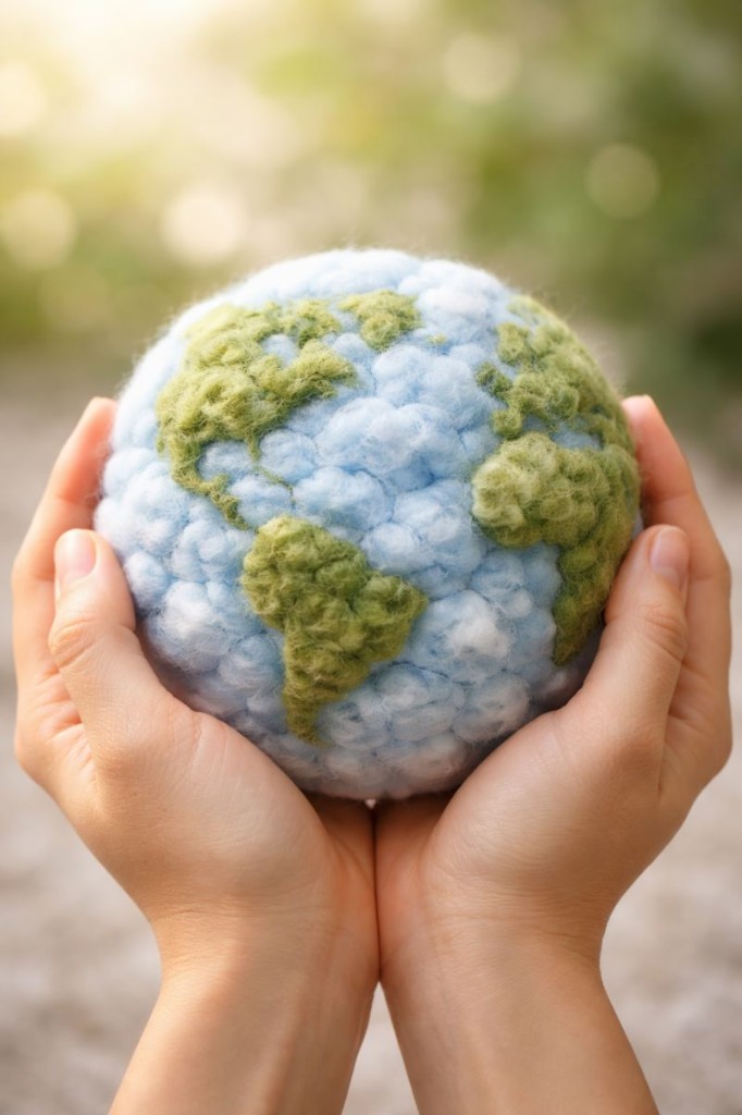 Hands holding a soft globe — global care, sustainability, and responsible cotton and yarn trade