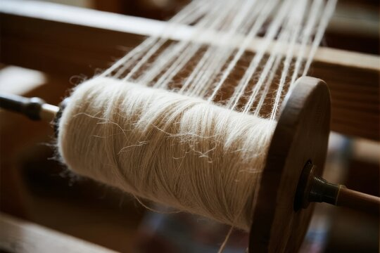 Traditional wooden loom with natural fiber yarn — textile craftsmanship and yarn production
