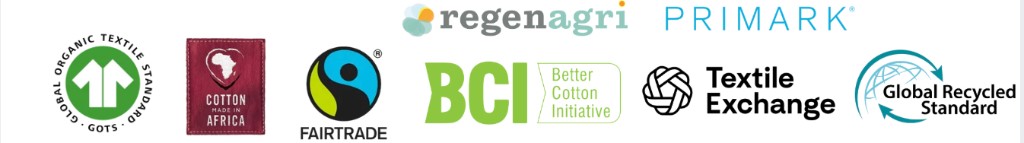 Sustainable cotton certifications and partners including GOTS, Cotton Made in Africa, Fairtrade, Better Cotton Initiative, Textile Exchange, and Global Recycled Standard